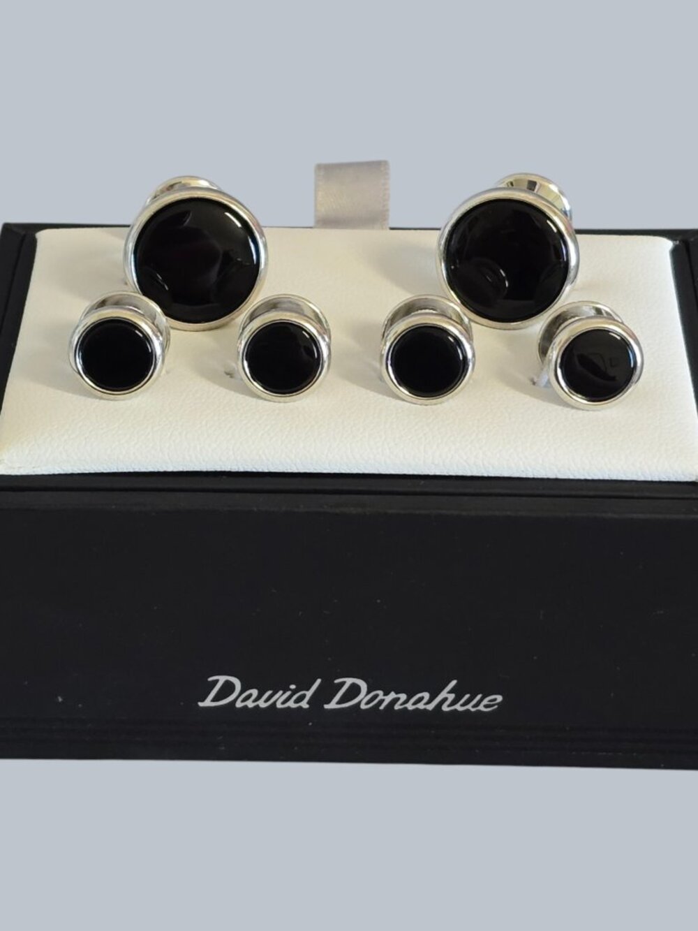 David Donahue White Brass & Onyx Flat Back Cuff Links & Shirt Studs Set